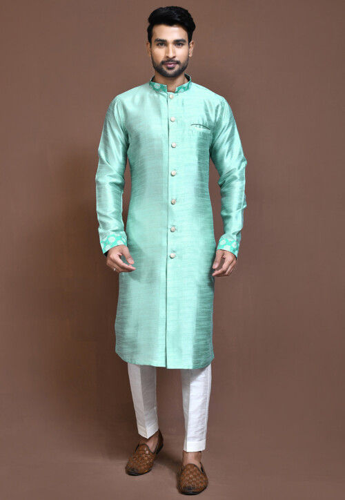 Embroidered Collar Art Silk Sherwani in Sea Green