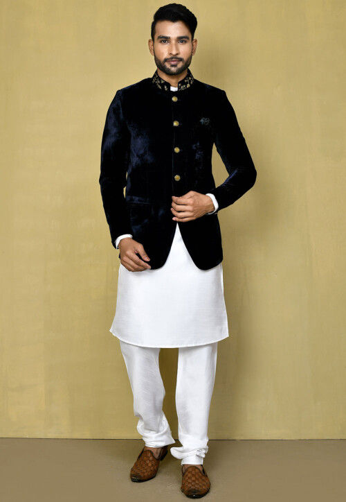 Embroidered Collar Dupion Silk Kurta Set in White and Navy Blue