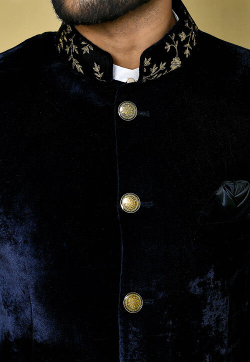 Embroidered Collar Dupion Silk Kurta Set in White and Navy Blue