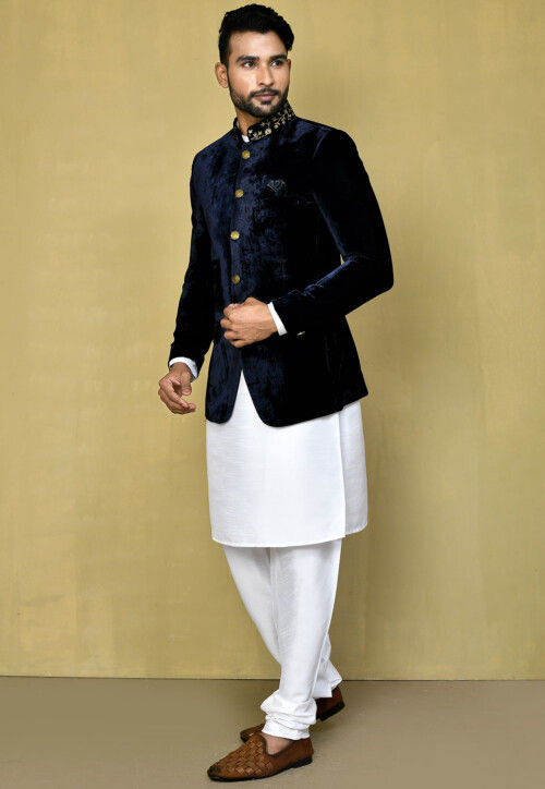 Embroidered Collar Dupion Silk Kurta Set in White and Navy Blue
