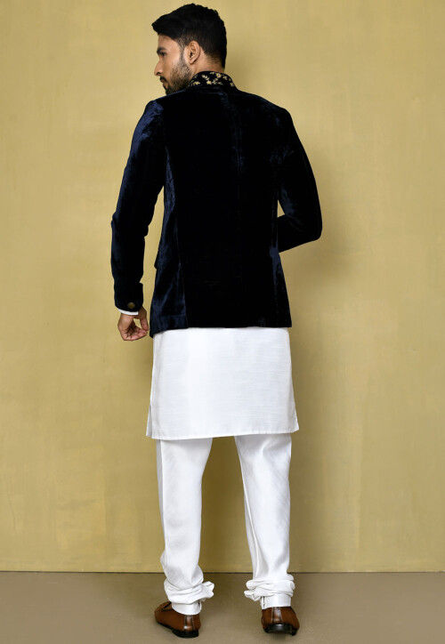 Embroidered Collar Dupion Silk Kurta Set in White and Navy Blue