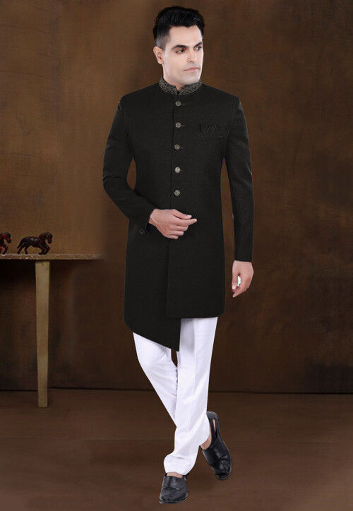 Embroidered Collar Terry Rayon Asymmetric Sherwani in Black