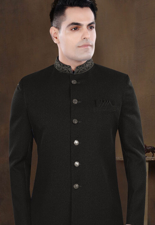 Embroidered Collar Terry Rayon Asymmetric Sherwani in Black