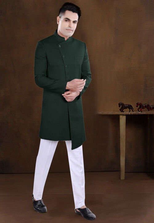 Embroidered Collar Terry Rayon Asymmetric Sherwani in Dark Green