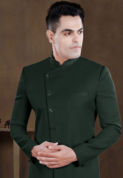 Embroidered Collar Terry Rayon Asymmetric Sherwani in Dark Green