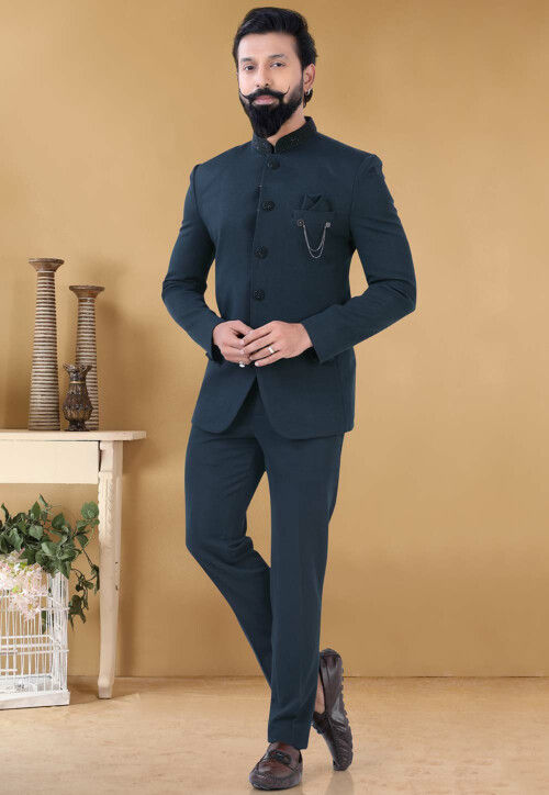 embroidered collar terry rayon jodhpuri suit in dark grey v1 muy405