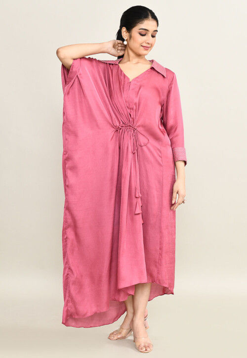pink viscose dress Pink Viscose Georgette Printed Plunge Midi Dress Design by ANKITA DHARMAN at Pernia's Pop Up Shop 2026