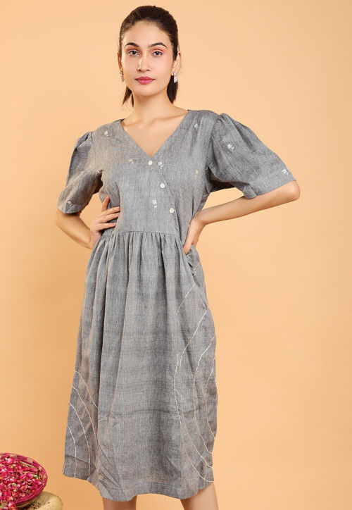 Embroidered Cotton A Line Dress in Grey