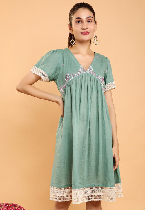 Embroidered Cotton A Line Dress in Light Olive Green