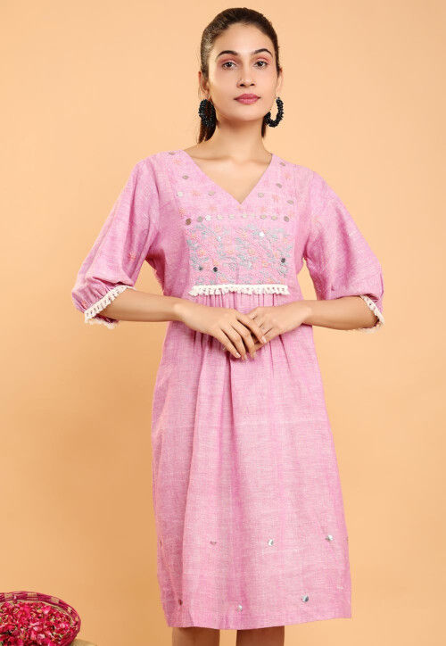 Embroidered Cotton A Line Dress in Pink