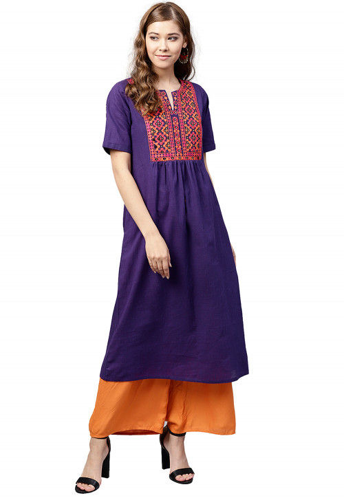 Women Purple & Black Woven Design Jacquard A-Line Kurta