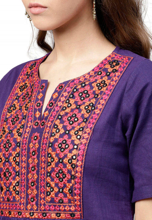 Embroidered Cotton A Line Kurta in Purple : TJA1478
