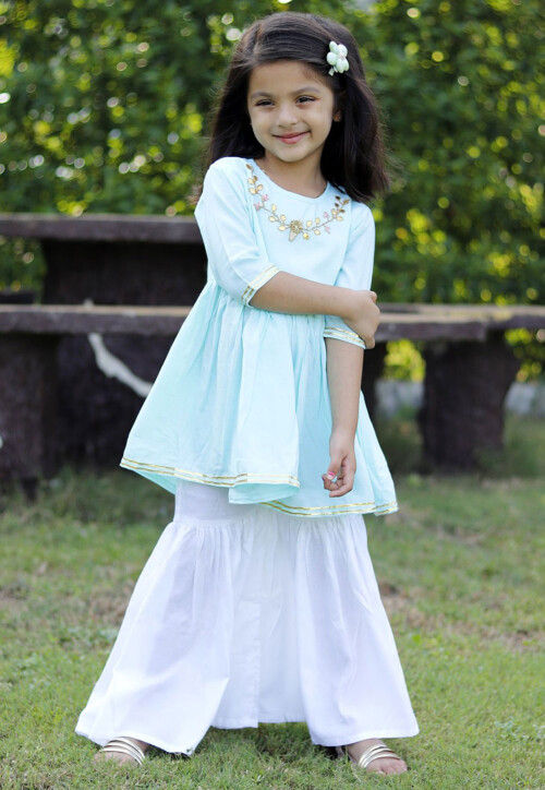 Embroidered Cotton A Line Kurta Set in Light Blue