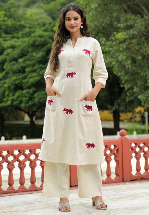 Embroidered Cotton A Line Kurta Set in Off White