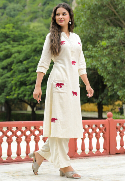 Embroidered Cotton A Line Kurta Set in Off White