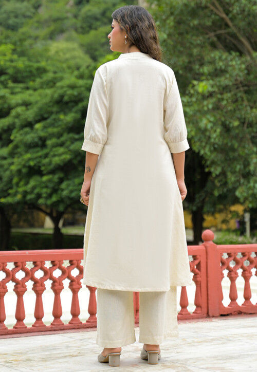 Embroidered Cotton A Line Kurta Set in Off White