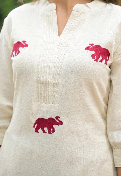 Embroidered Cotton A Line Kurta Set in Off White