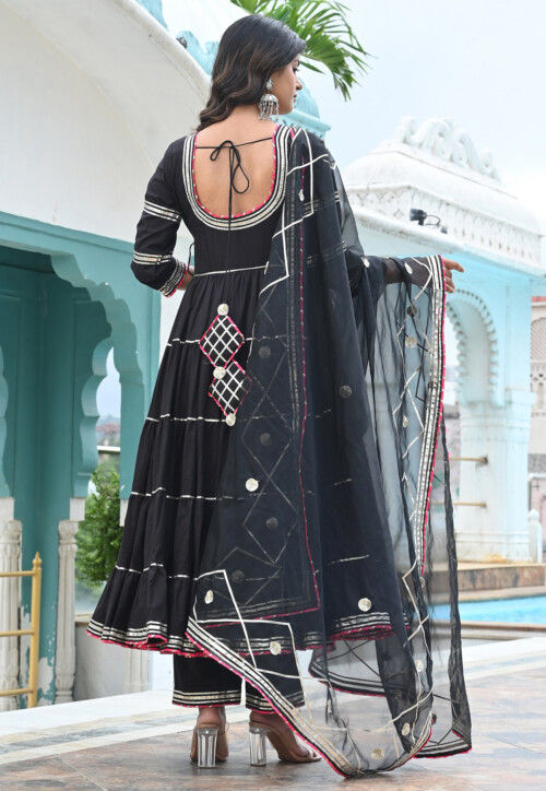Line Patterned Suit Buy Embroidered Cotton A Line Suit in Black Online : KXT199 - Utsav Fashion
