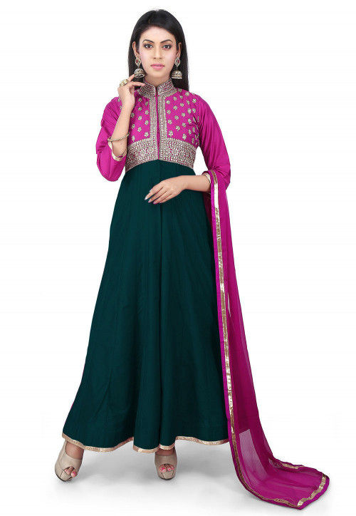 Hand Embroidered Cotton Abaya Style Suit in Dark Green and Fuchsia ...