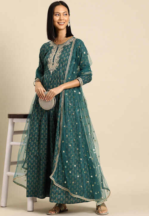 Embroidered Cotton Abaya Style Suit in Dark Teal Green