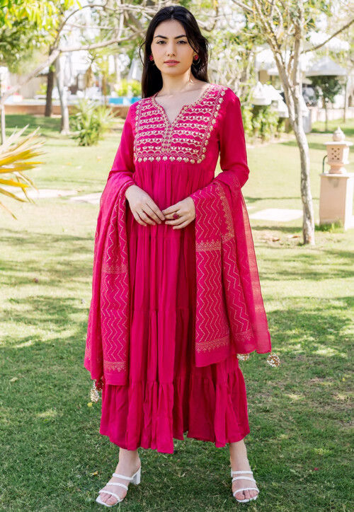 Embroidered Cotton Abaya Style Suit in Fuchsia