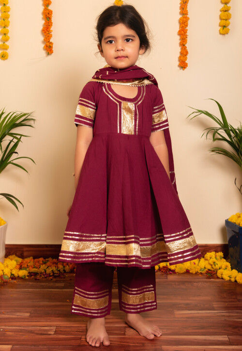 Embroidered Cotton Anarkali Suit in Wine