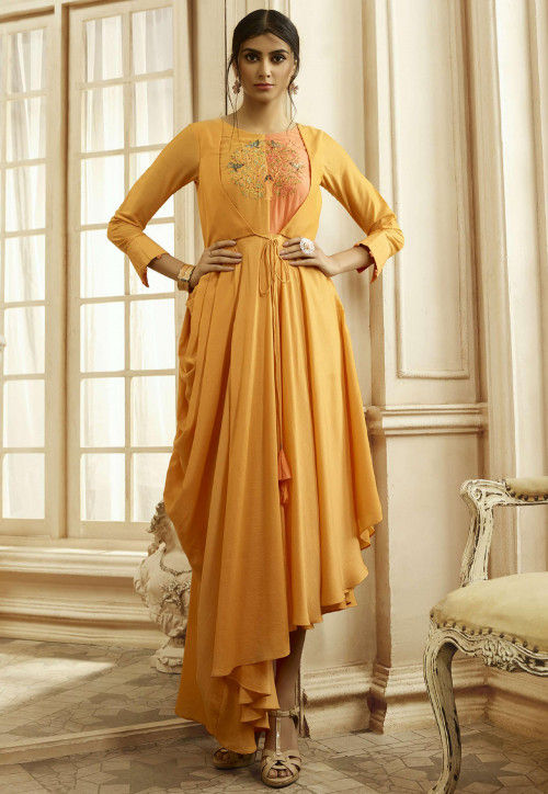Mustard Yellow Full Sleeves Embroidered Rayon Gown