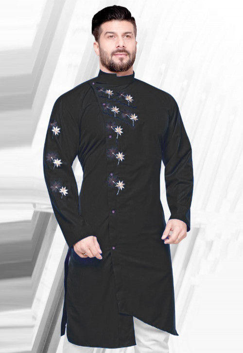 Buy Embroidered Cotton Asymmetric Kurta in Black Online MVE1875 Utsav Fashion