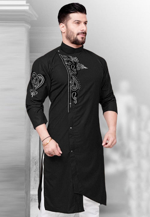 Embroidered Cotton Asymmetric Kurta in Black MVE1879