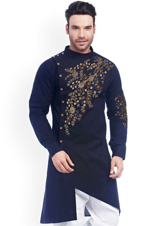 Embroidered Cotton Asymmetric Kurta in Dark Blue