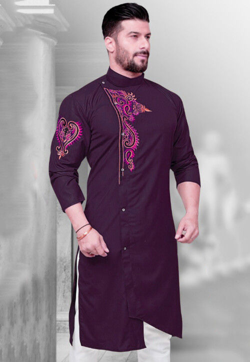 Buy Embroidered Cotton Asymmetric Kurta in Violet Online MVE2251 Utsav Fashion