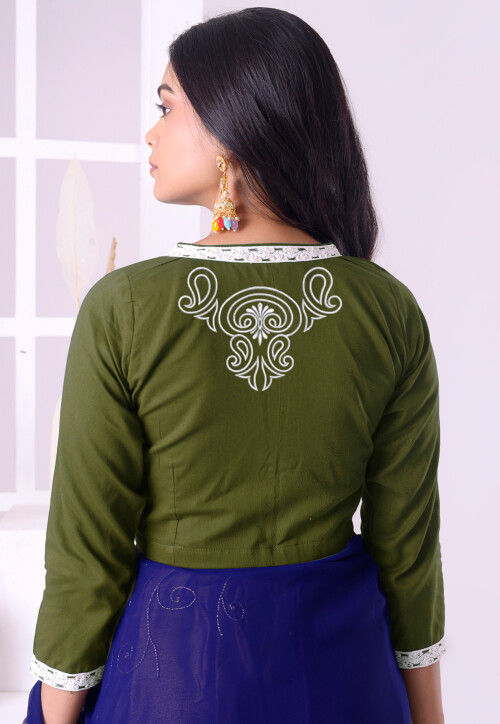 Embroidered Cotton Blouse in Dark Green