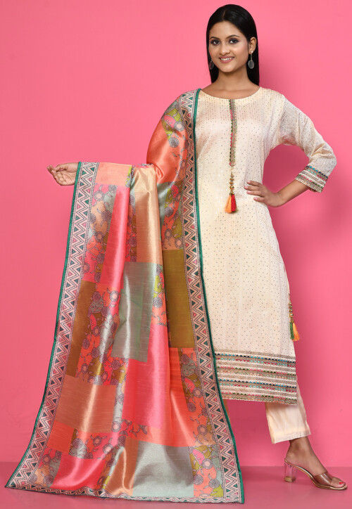 Embroidered Cotton Chanderi Pakistani Suit in Light Beige