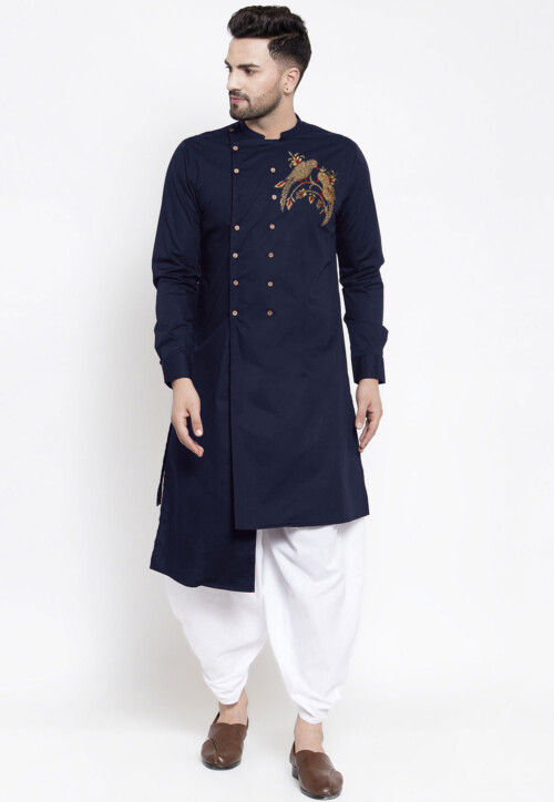 Embroidered Cotton Dhoti Kurta in Navy Blue