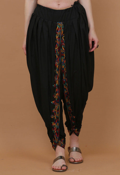 Embroidered Cotton Dhoti Pant in Black