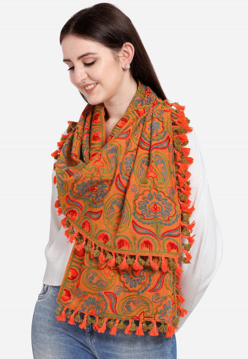 Aari Embroidered Cotton Stole in Orange : BDM92