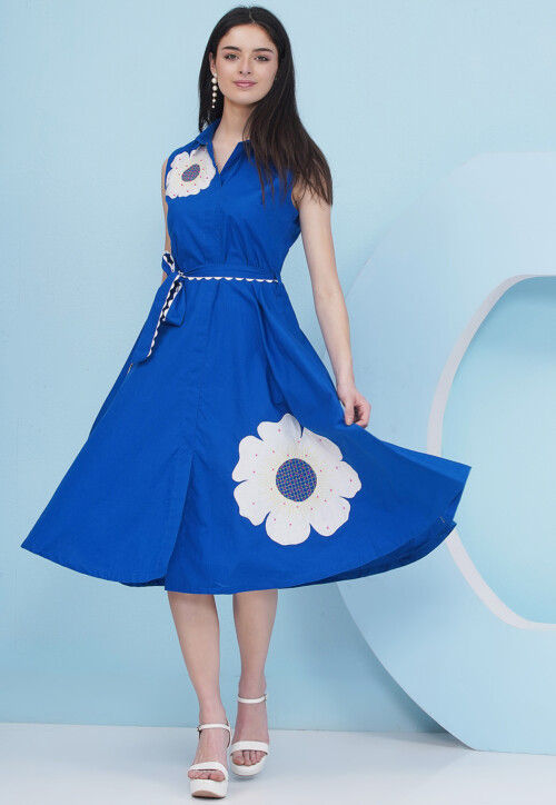Embroidered Cotton Fit N Flare Dress in Blue