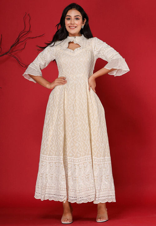 Embroidered Cotton Flared Dress in Off White