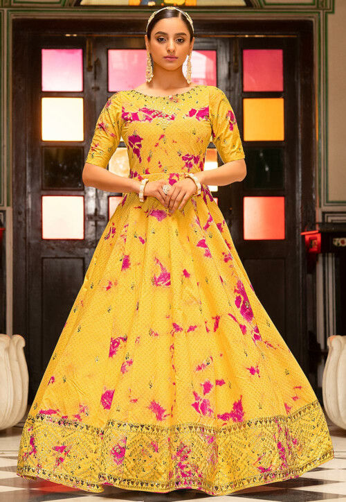 Shibori Printed Cotton Gown in Yellow TBZ133