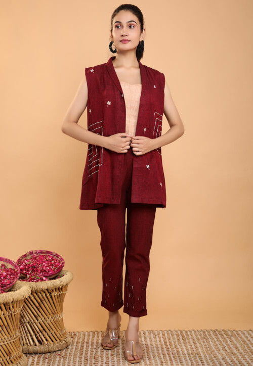 Embroidered Cotton Jacket Set in Maroon