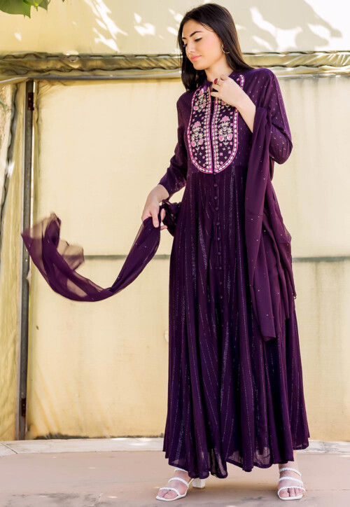 Embroidered Cotton Jacquard Abaya Style Suit in Dark Purple