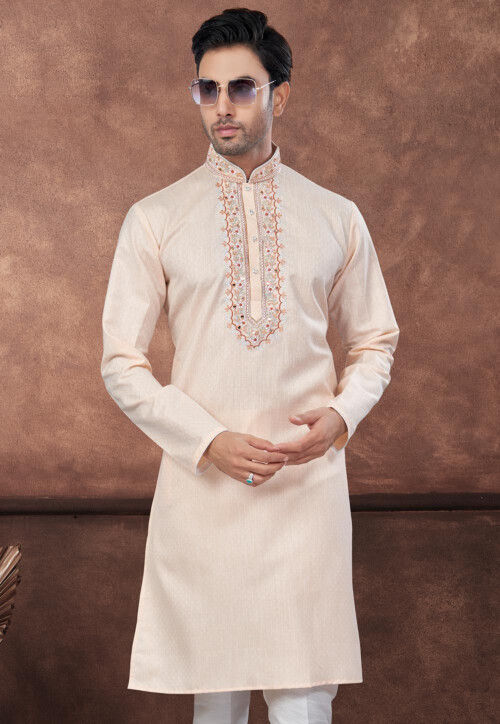 Embroidered Cotton Jacquard Kurta in Peach