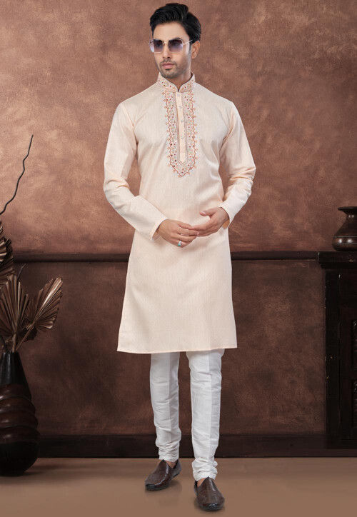 Embroidered Cotton Jacquard Kurta in Peach