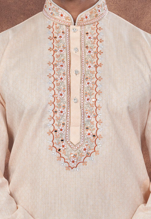 Embroidered Cotton Jacquard Kurta in Peach