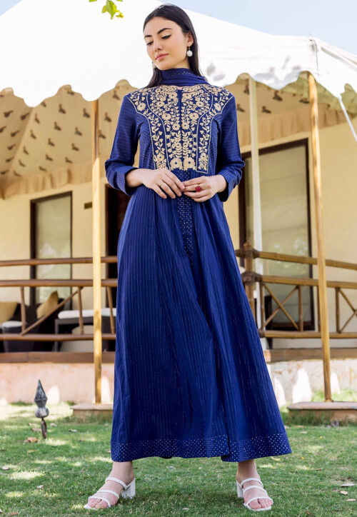 Embroidered Cotton Jacquard Pakistani Suit in Dark Blue