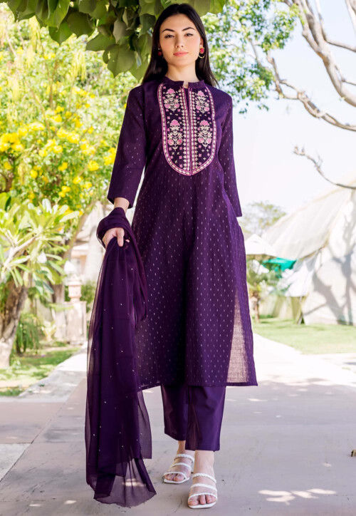Embroidered Cotton Jacquard Pakistani Suit in Dark Purple
