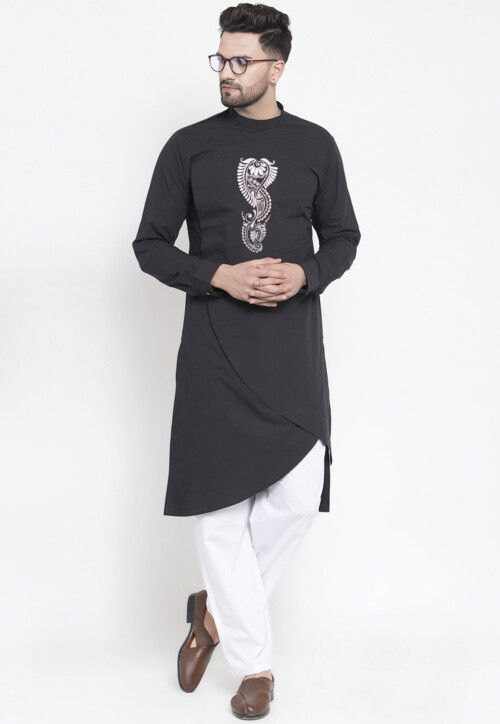 Embroidered Cotton Kurta in Black