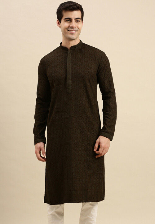 Buy Embroidered Cotton Kurta in Dark Brown Online MSF1541