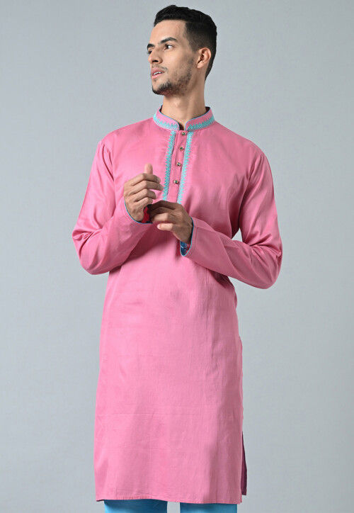 Embroidered Cotton Kurta in Pink