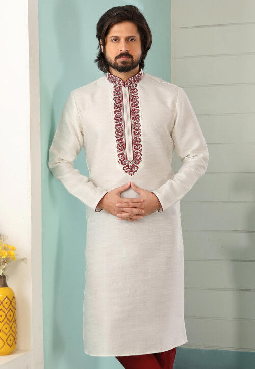 Embroidered Cotton Kurta in White